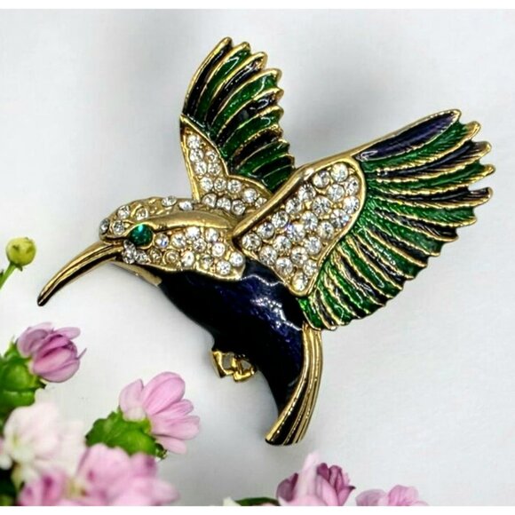 Vintage Rhinestone Hummingbird Brooch Pin Green Blue Enamel Gold-Tone 3D Bird - Picture 1 of 12